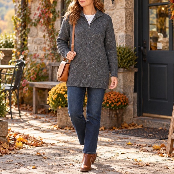 Lands' End Sweaters - Lands' End Womens Gray Donegal Quarter Zip Cotton Blend Tunic Sweater Large